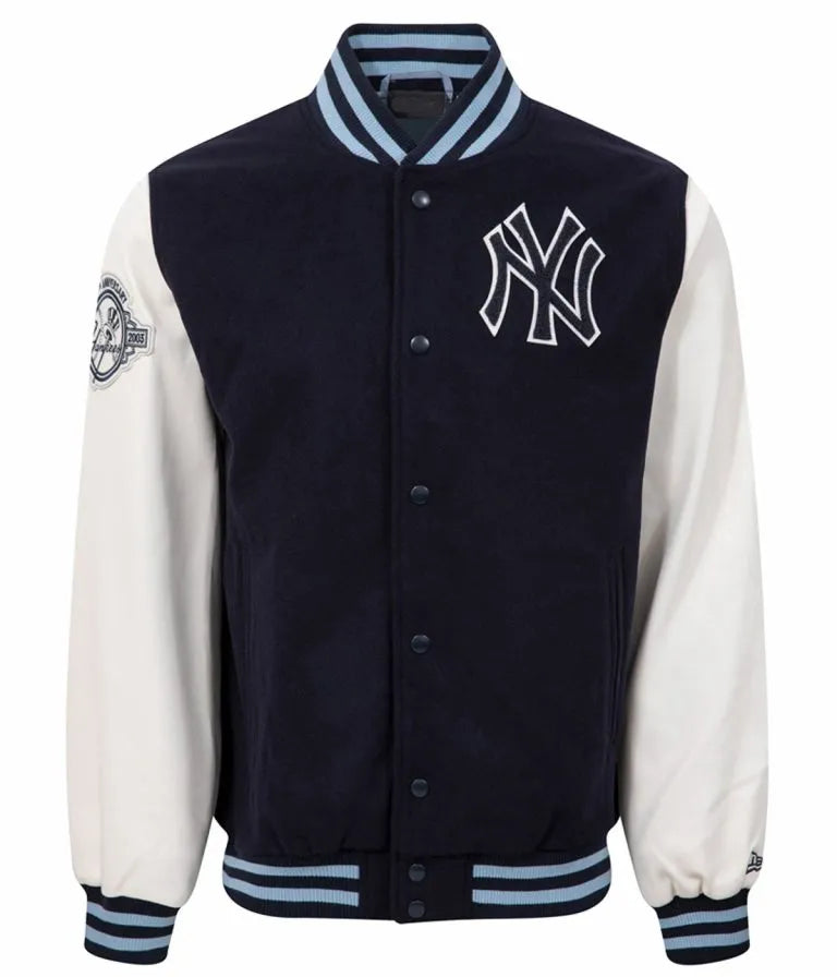 NY Yankees Navy Blue Wool and White Leather Sleeves Men's Jacket