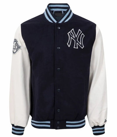 NY Yankees Navy Blue Wool and White Leather Sleeves Men's Jacket