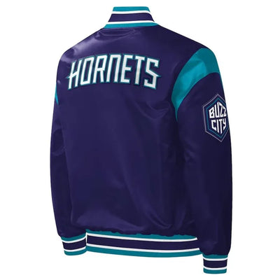 Charlotte Hornets Force Play Full-Snap Varsity Purple Satin Men's Bomber Jacket
