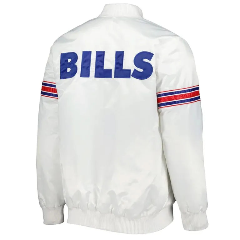 Buffalo Bills The Power Forward Full-Snap Varsity White Satin Men's Bomber Jacket