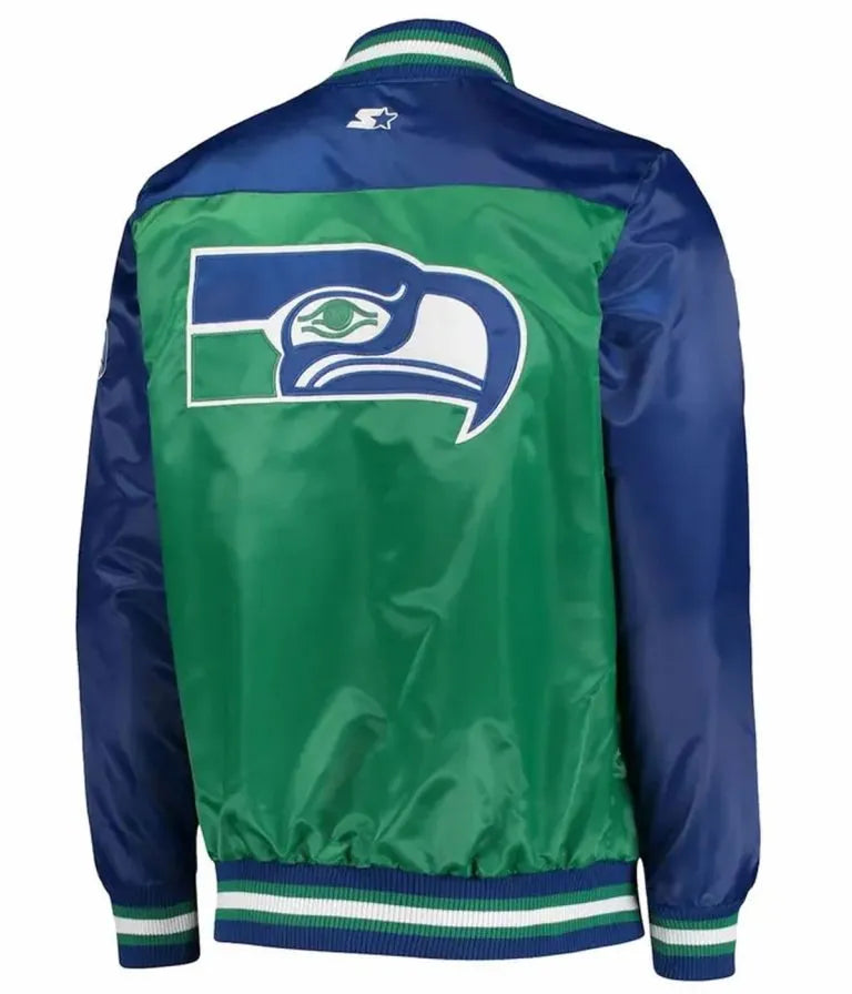 Seattle Seahawks Full-Snap Varsity Blue and Green Satin Men's Bomber Jacket