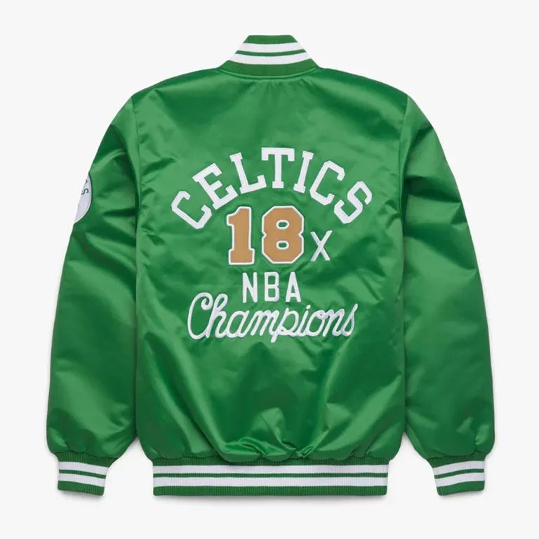 Boston Celtics 18x NBA Champions Heavyweight Full-Snap Varsity Green Satin Men's Bomber Jacket
