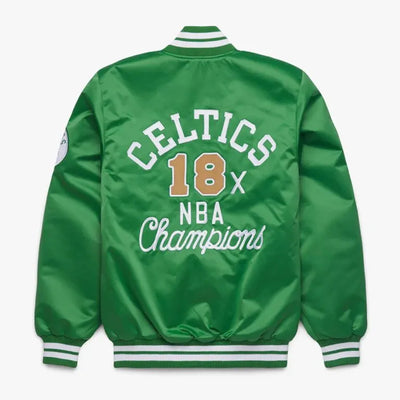 Boston Celtics 18x NBA Champions Heavyweight Full-Snap Varsity Green Satin Men's Bomber Jacket