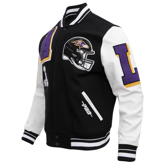 Baltimore Ravens Black Wool and White Leather Sleeves Varsity Men's Jacket