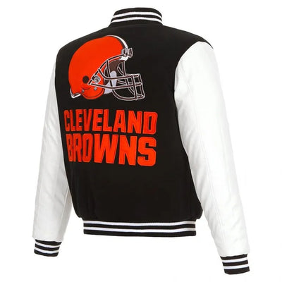 Cleveland Browns Black Wool & White Genuine Leather Sleeves Men's Varsity Jacket