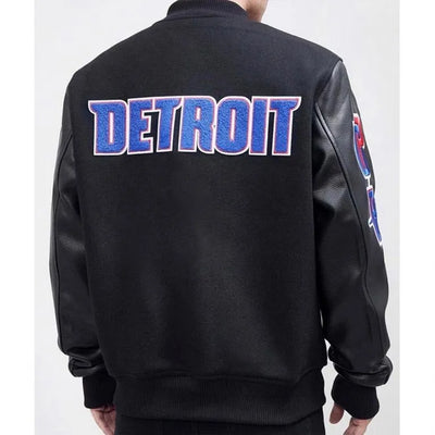 Detroit Pistons Mashup Varsity Black Wool and Genuine Leather Sleeves Men's Bomber Jacket