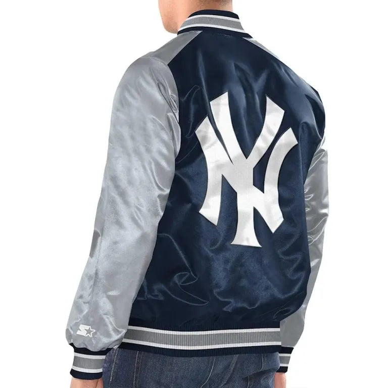 New York Yankees Renegade Full-Snap Varsity Navy/Silver Satin Men's Jacket