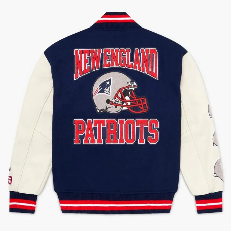 OVO New England Patriots Navy Blue Wool & White Genuine Leather Sleeves Men's Varsity Letterman Jacket