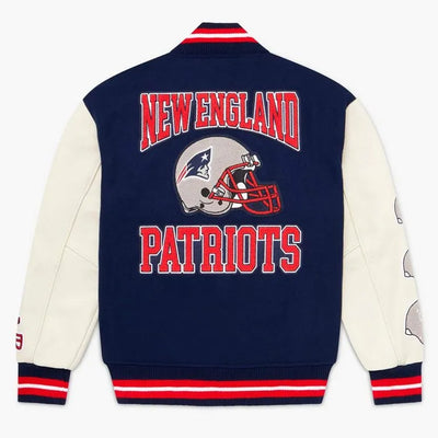 OVO New England Patriots Navy Blue Wool & White Genuine Leather Sleeves Men's Varsity Letterman Jacket