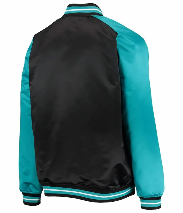 Charlotte Hornets Hardwood Classics Reload 3.0 Full-Snap Varsity Black and Teal Satin Men's Bomber Jacket