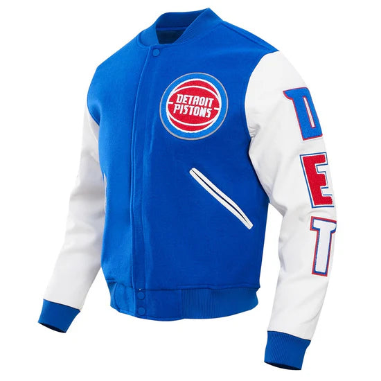Detroit Pistons Mashup Varsity Royal Blue Wool and White Genuine Leather Sleeves Men's Bomber Jacket