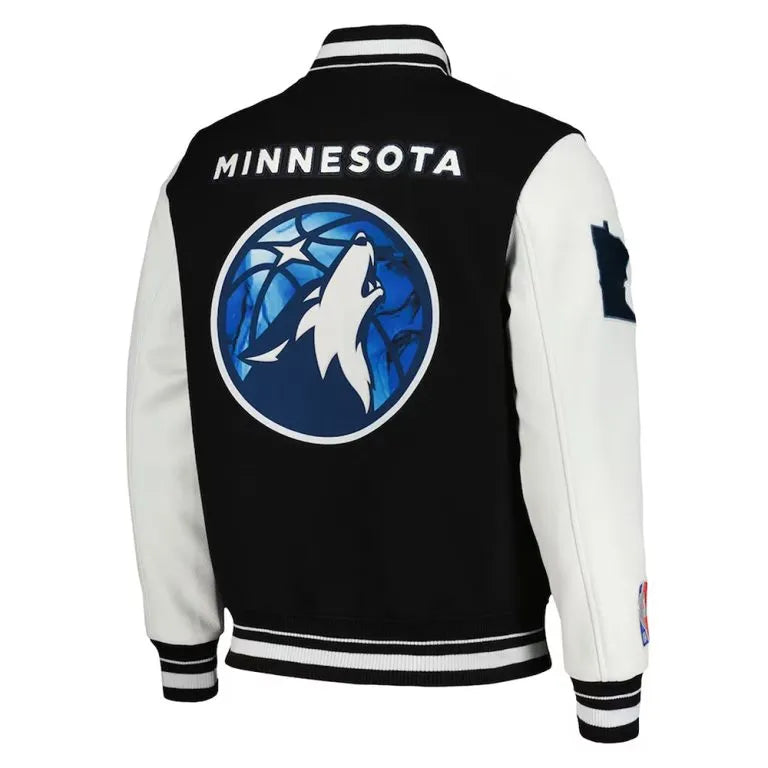 Minnesota Timberwolves 2024 City Edition Varsity Black Wool & White Genuine Leather Sleeves Men's Jacket