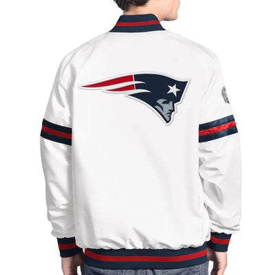 New England Patriots Scout Full-Snap Varsity White Satin Men's Bomber Jacket