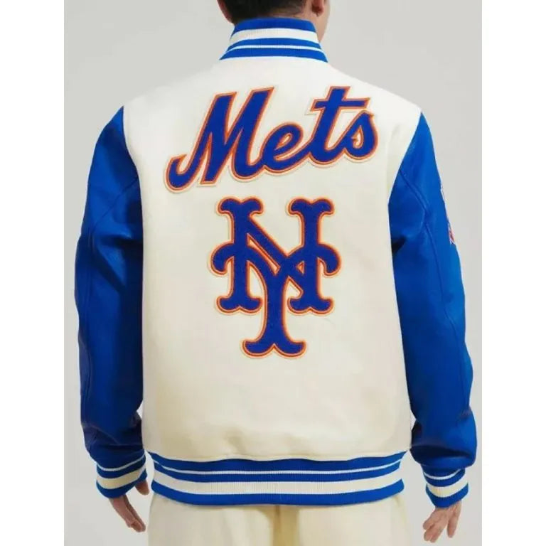 NY Mets Kate Upton Off White Wool & Blue Leather Sleeves Varsity Men's Jacket