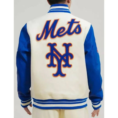 NY Mets Kate Upton Off White Wool & Blue Leather Sleeves Varsity Men's Jacket