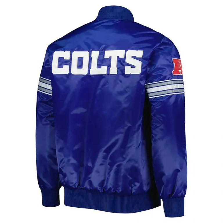 Indianapolis Colts Pick and Roll Full-Snap Varsity Royal Blue Satin Men's Bomber Jacket