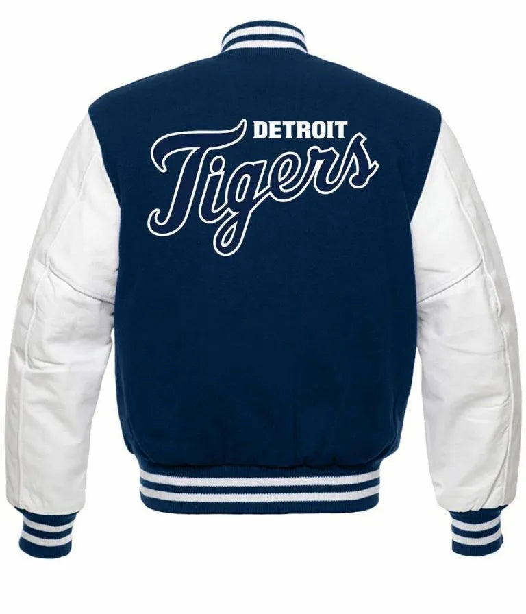 Detroit Tigers Blue Wool & White Leather Sleeves Varsity Letterman Men's Jacket