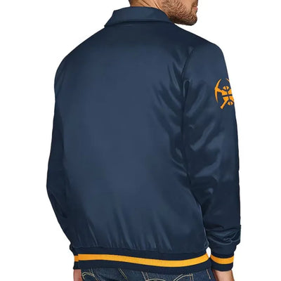 Denver Nuggets Stitch Applique Full-Snap Varsity Navy Blue Satin Men's Bomber Jacket