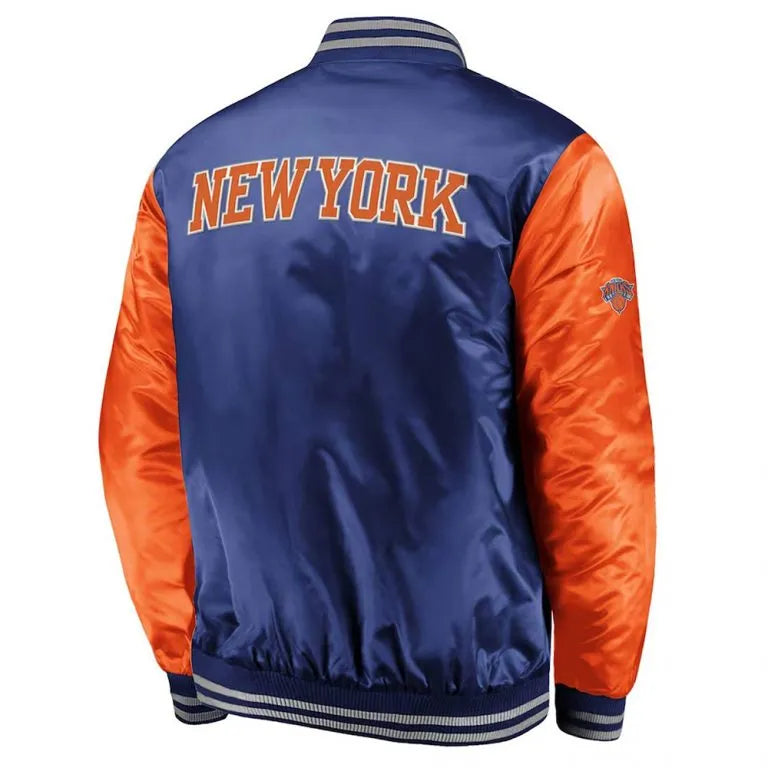 New York Knicks Iconic Tackle Full-Snap Varsity Blue/Orange Satin Men's Bomber Jacket