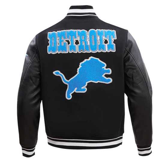 Detroit Lions Black Wool & Genuine Leather Sleeves Men's Varsity Jacket