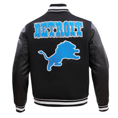 Detroit Lions Black Wool & Genuine Leather Sleeves Men's Varsity Jacket