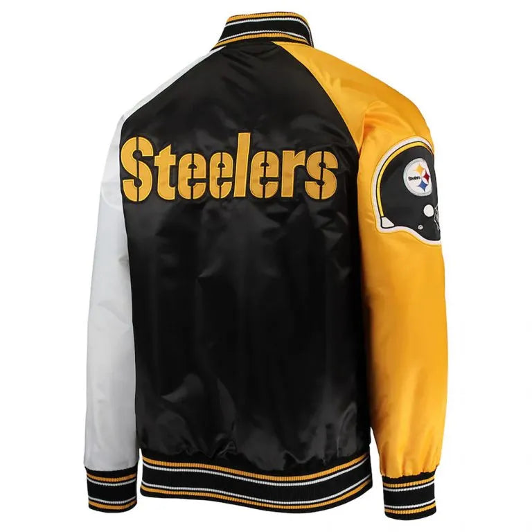 Pittsburgh Steelers The Reliever Full-Snap Varsity Tri Color Satin Men's Bomber Jacket