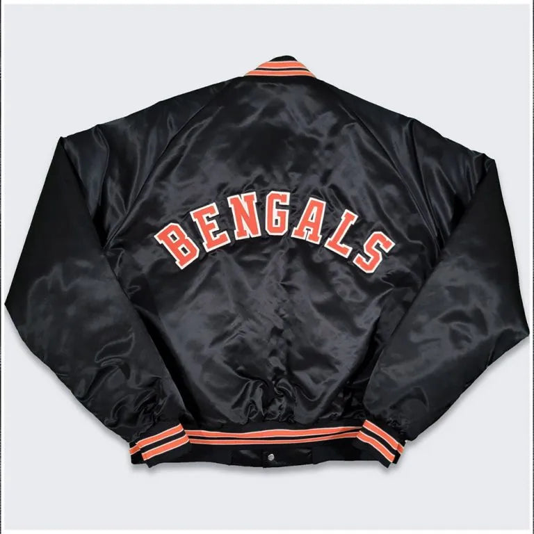 80s Cincinnati Bengals Full-Snap Varsity Black Satin Men's Bomber Jacket