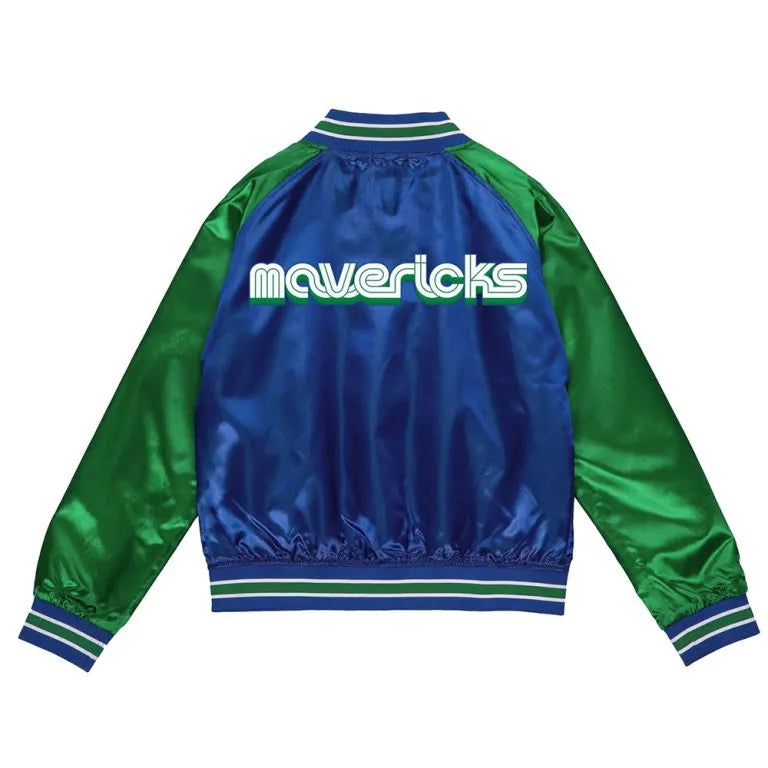Dallas Mavericks City Edition Lightweight Full-Snap Varsity Blue/Green Satin Men's Bomber Jacket