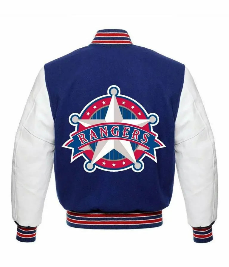 Texas Rangers Blue Wool & White Leather Sleeves Varsity Men's Jacket