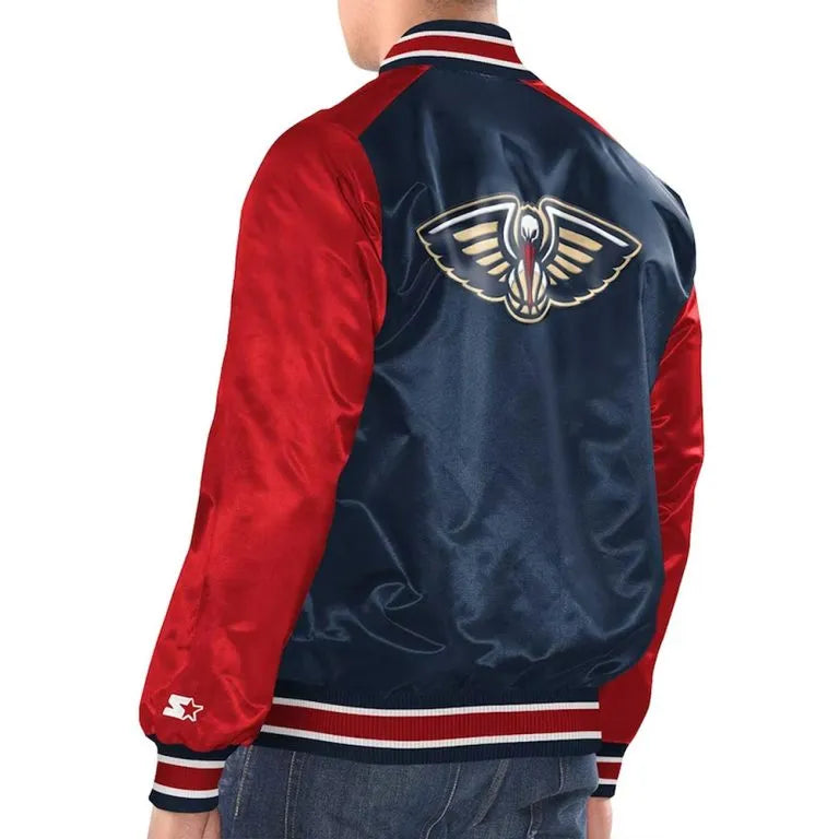New Orleans Pelicans Renegade Full-Snap Varsity Red and Navy Blue Satin Men's Bomber Jacket