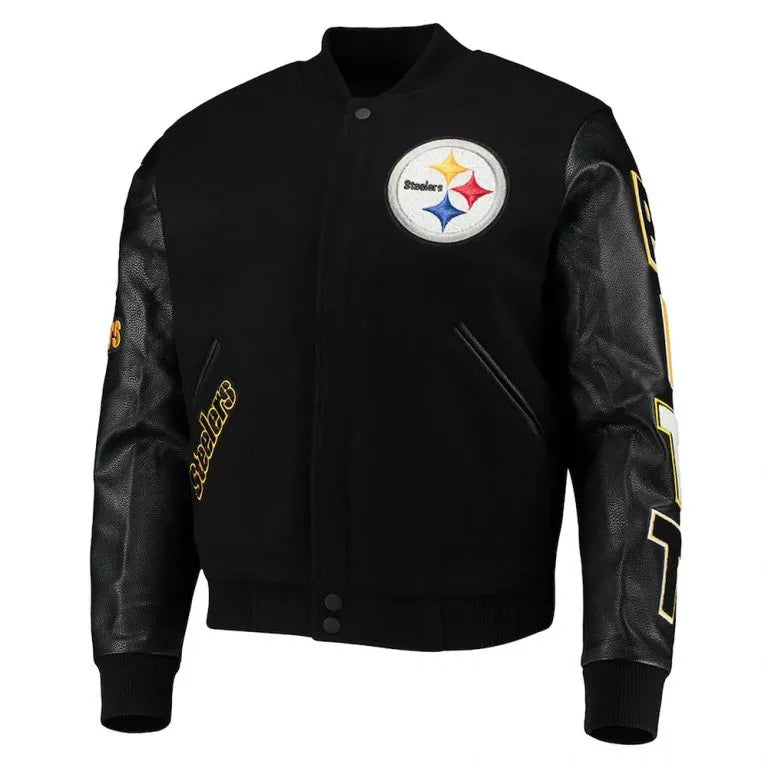 Pittsburgh Steelers Logo Black Wool & Genuine Leather Sleeves Men's Varsity Letterman Jacket