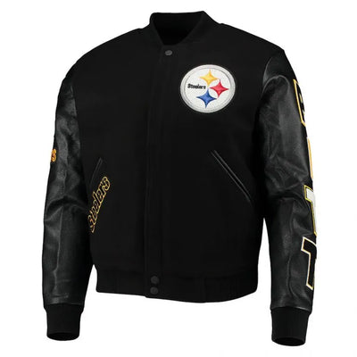 Pittsburgh Steelers Logo Black Wool & Genuine Leather Sleeves Men's Varsity Letterman Jacket