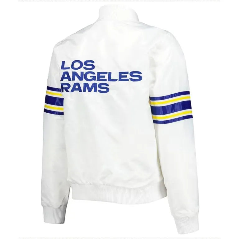 Los Angeles Rams Line Up Full-Snap Varsity White Satin Men's Bomber Jacket
