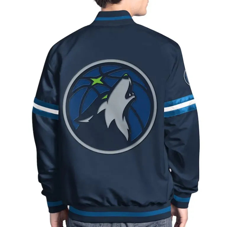 Minnesota Timberwolves Scout Full-Snap Varsity Navy Blue Satin Men's Bomber Jacket