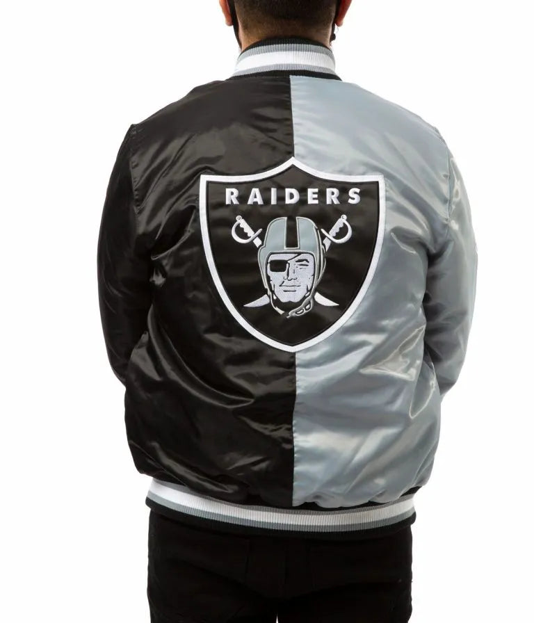 Los Angeles Raiders Full-Snap Varsity Black and Grey Satin Men's Bomber Jacket