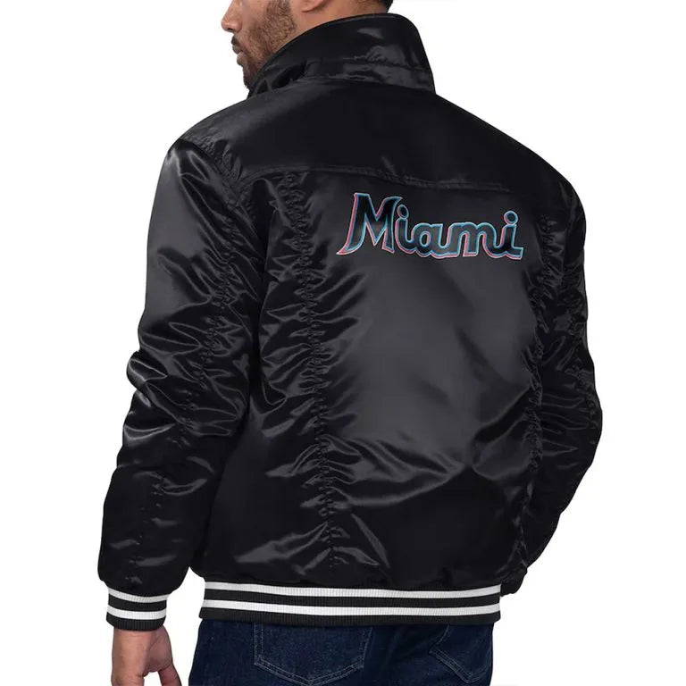 Miami Marlins Silver Tab Trucker Black Full-Snap Satin Men's Jacket