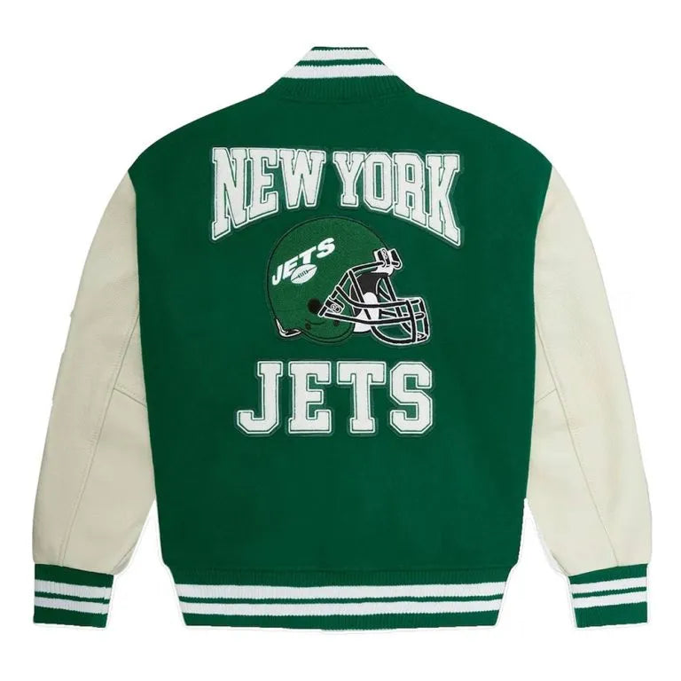 OVO New York Jets Green Wool & White Genuine Leather Sleeves Men's Varsity Letterman Jacket