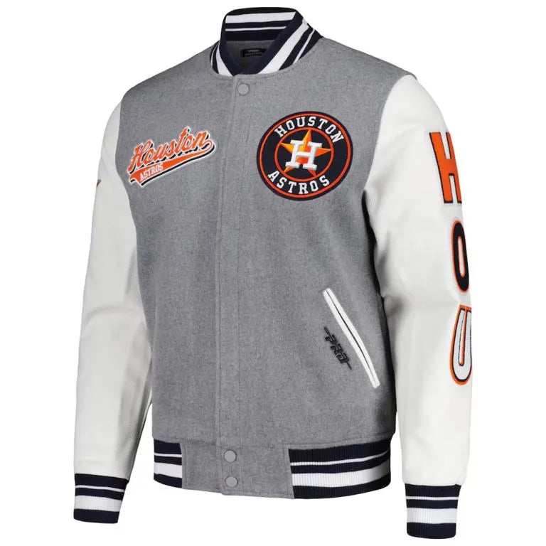 Houston Astros Script Tail Heather Gray Wool & White Leather Varsity Men's Jacket