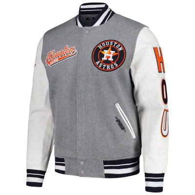 Houston Astros Script Tail Heather Gray Wool & White Leather Varsity Men's Jacket