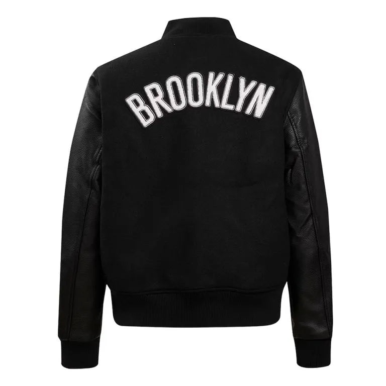 Brooklyn Nets NBA Black Wool & Genuine Leather Sleeves Men's Varsity Letterman Jacket