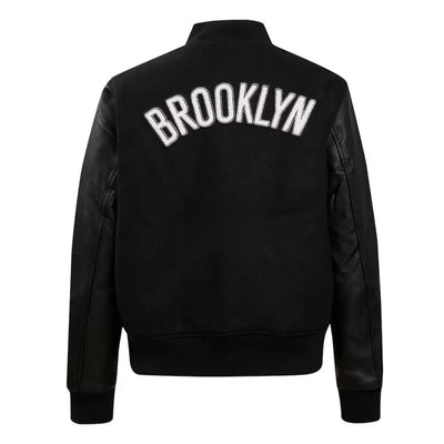 Brooklyn Nets NBA Black Wool & Genuine Leather Sleeves Men's Varsity Letterman Jacket