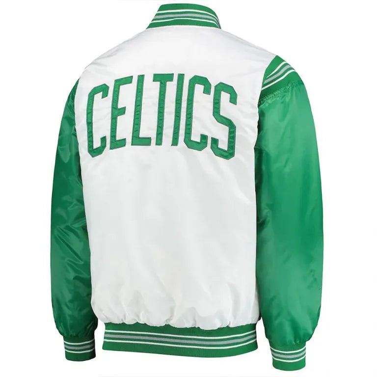 Boston Celtics Full-Snap Varsity White and Kelly Green Satin Men's Bomber Jacket
