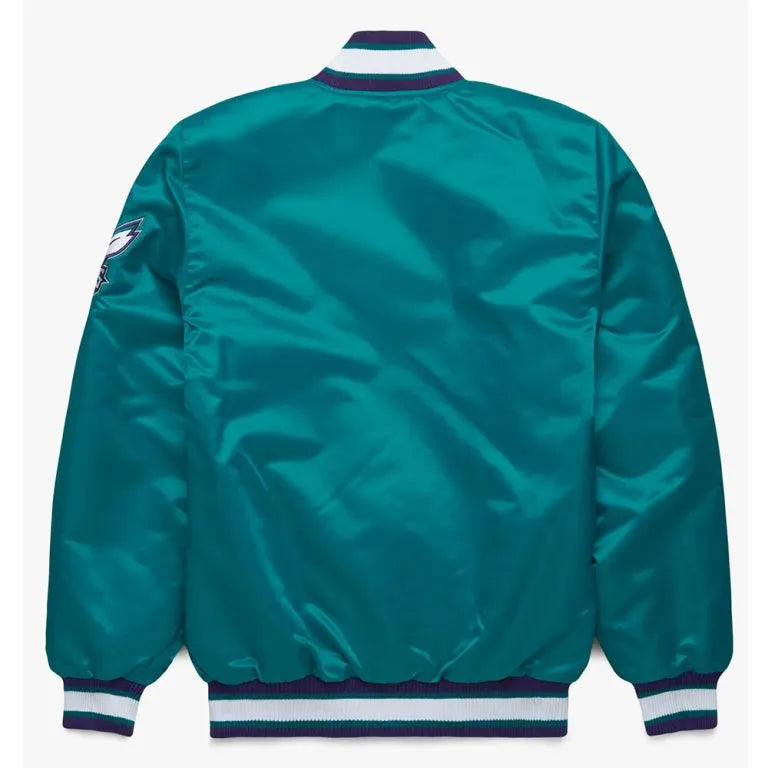 Charlotte Hornets Classic Full-Snap Varsity Teal Satin Men's Bomber Jacket