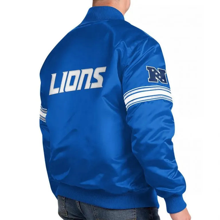 Detroit Lions The Pick and Roll Full-Snap Varsity Blue Satin Men's Bomber Jacket