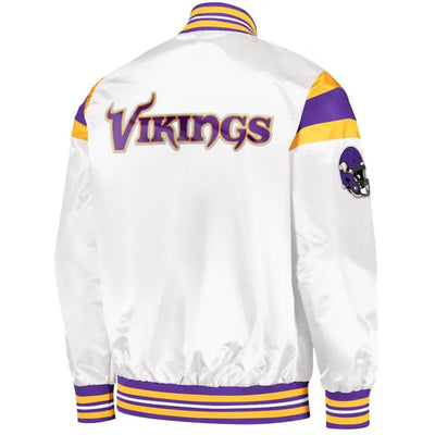 Minnesota Vikings Midweight Full-Snap Varsity White Satin Men's Bomber Jacket