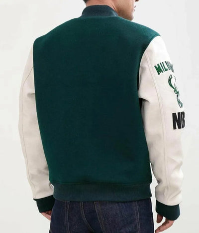 Milwaukee Bucks Varsity Green Wool & White Genuine Leather Sleeves Men's Letterman Jacket