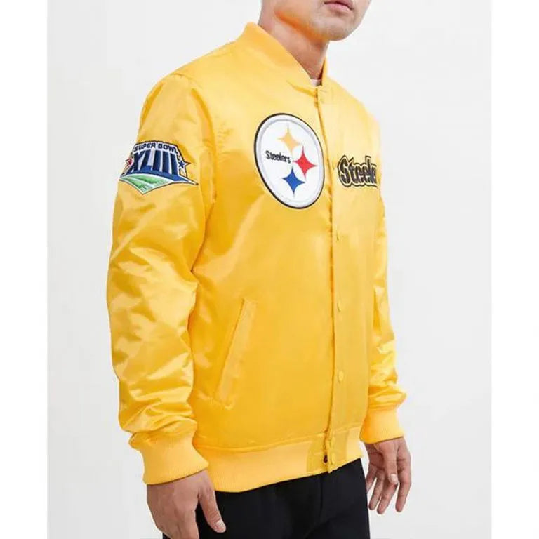 Pittsburgh Steelers Chest Hit Logo Full-Snap Varsity Yellow Satin Men's Bomber Jacket