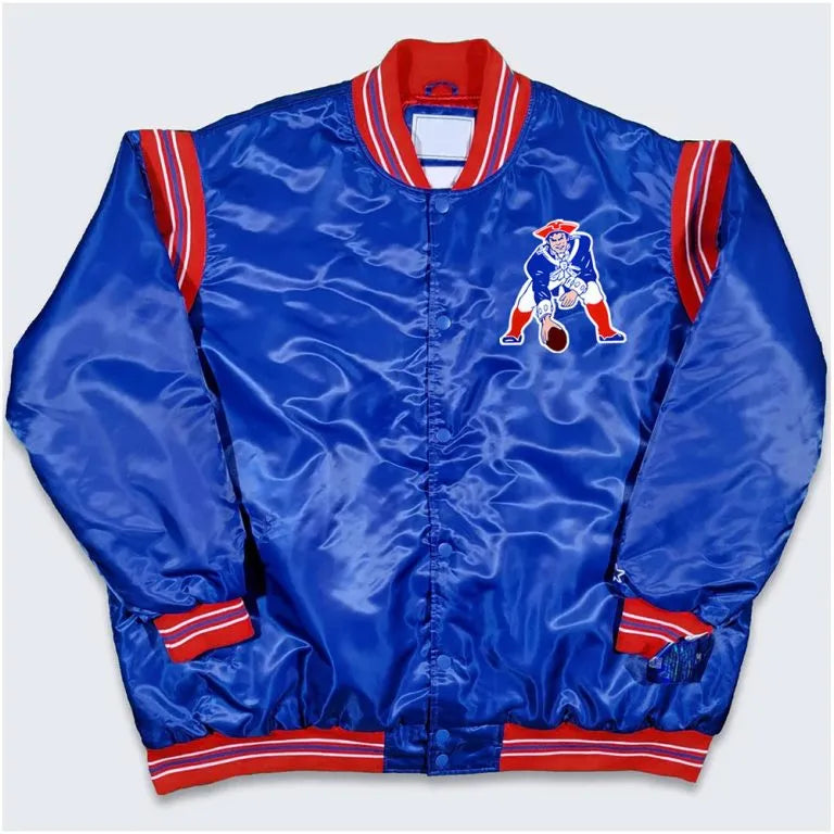New England Patriots Ben Affleck Full-Snap Varsity Royal Blue Satin Men's Bomber Jacket