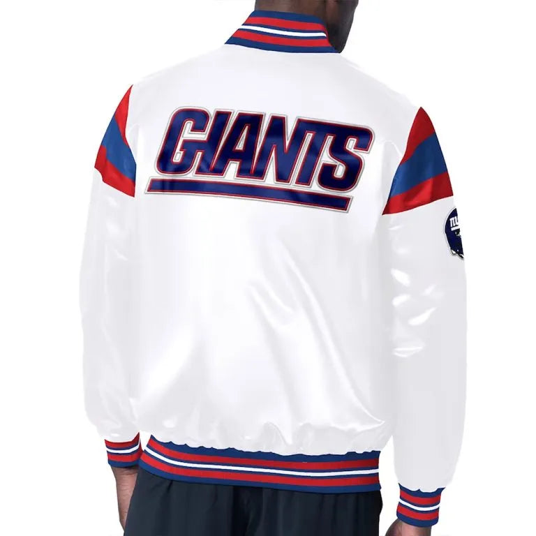 New York Giants Midweight Full-Snap Varsity White Satin Men's Bomber Jacket