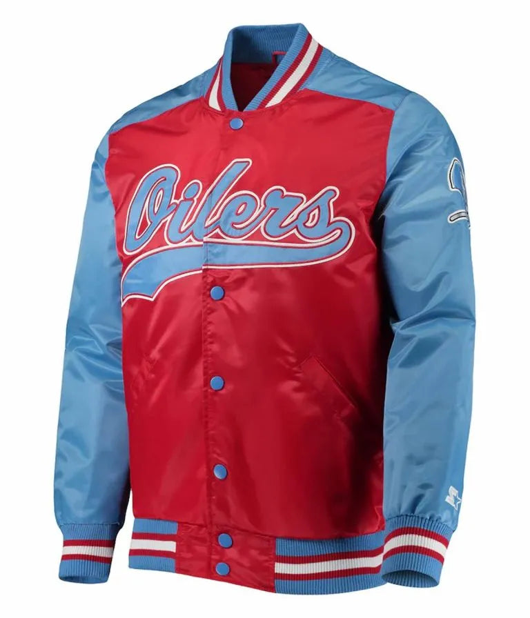 Houston Oilers Gridiron Classics The Tradition II  Full-Snap Varsity Red and Blue Satin Men's Bomber Jacket